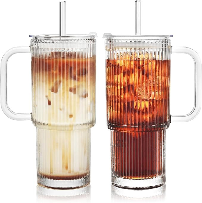 NINU 2 Pack 26oz Ribbed Glass Tumbler with Handle & Lid – Large Iced Coffee Cups with Straws, M... | Amazon (US)