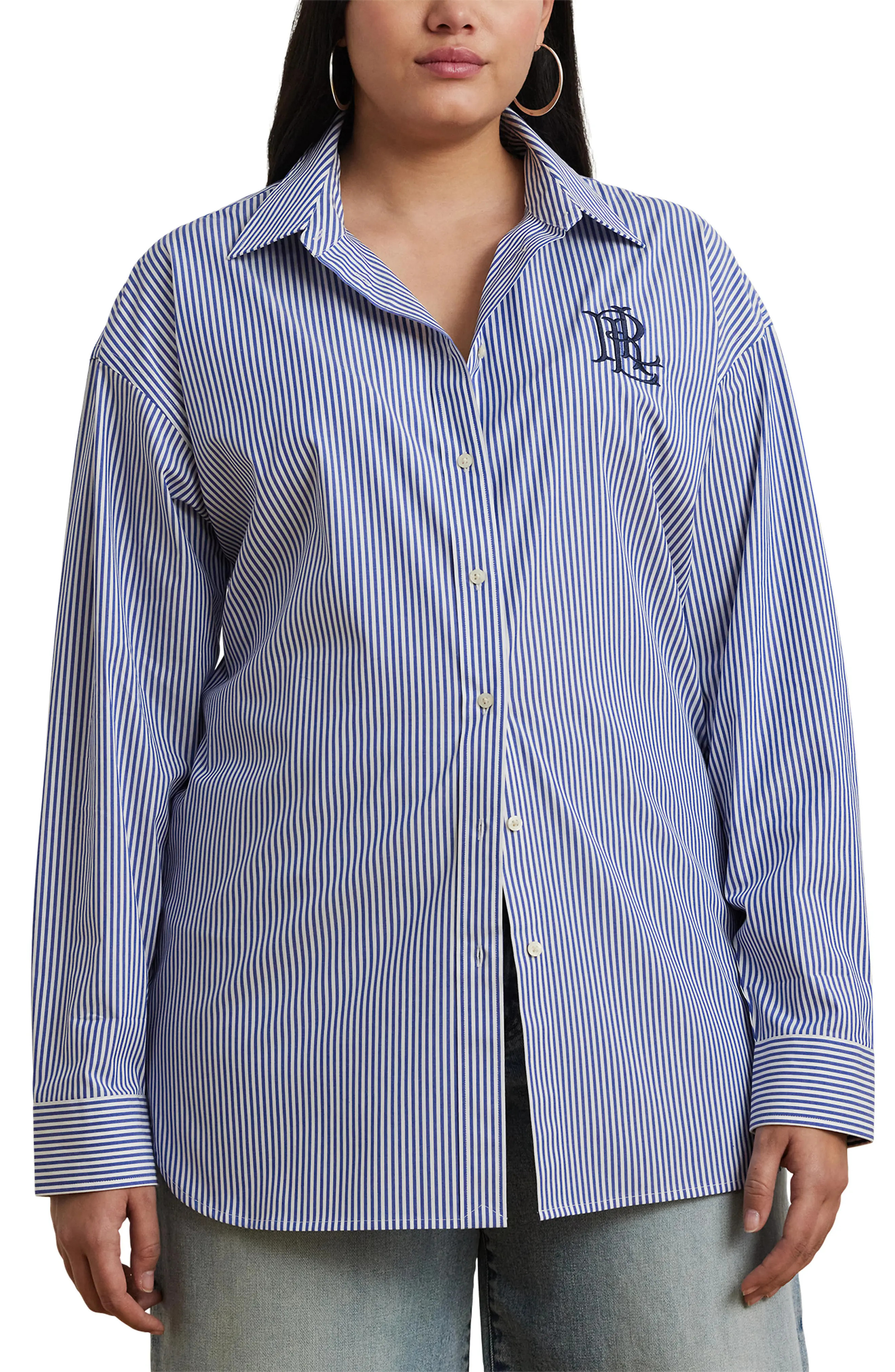 Embroidered Logo Detail Stripe Stretch Cotton Button-Up Shirt (Women) | Nordstrom | Nordstrom