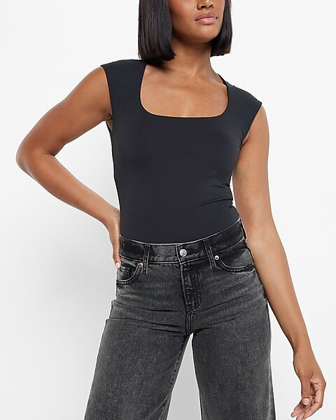 Body Contour Matte Square Neck Cap Sleeve Thong Bodysuit | Express