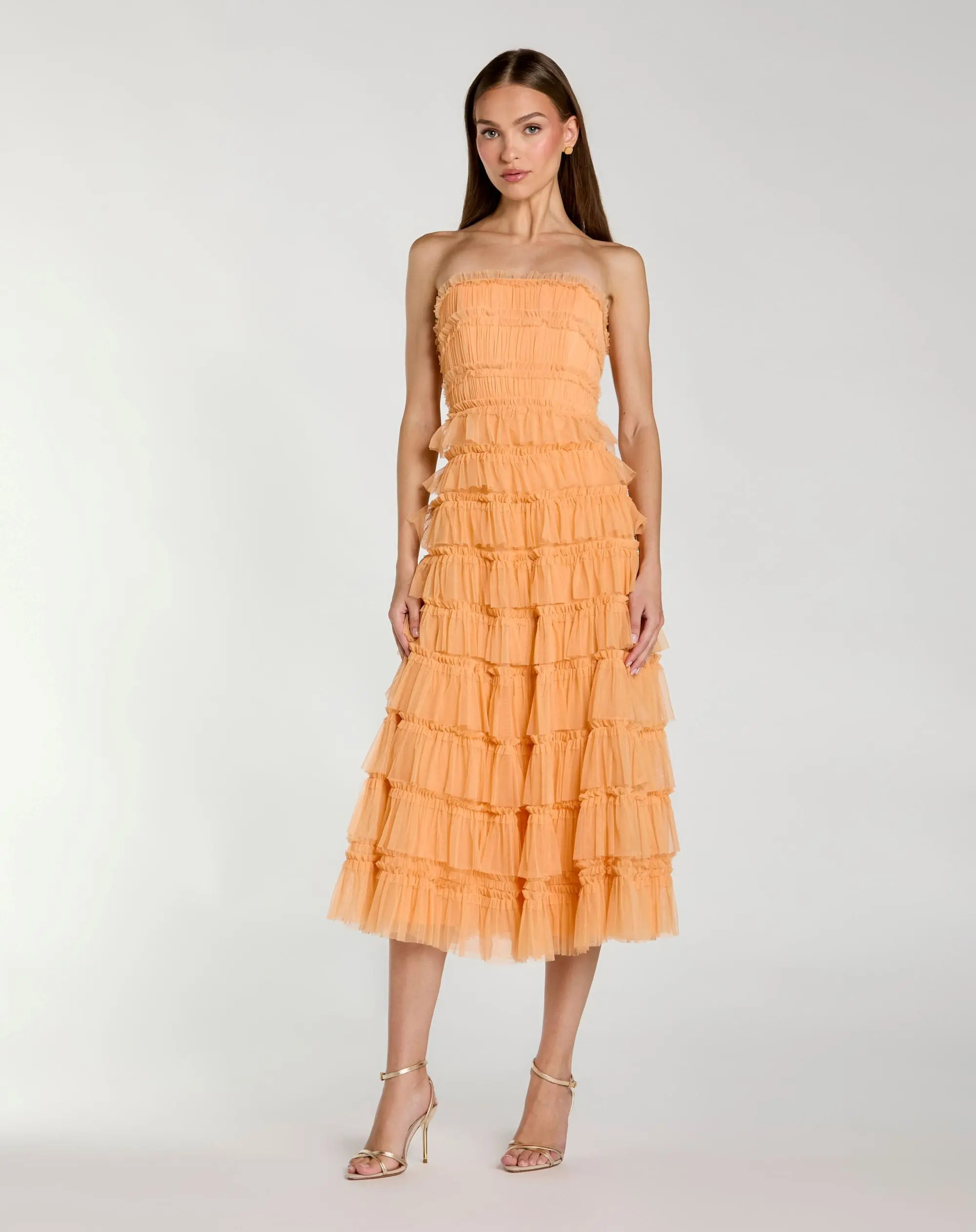Orange Micro Ruffle Strapless Midi Dress | Mac Duggal | Mac Duggal