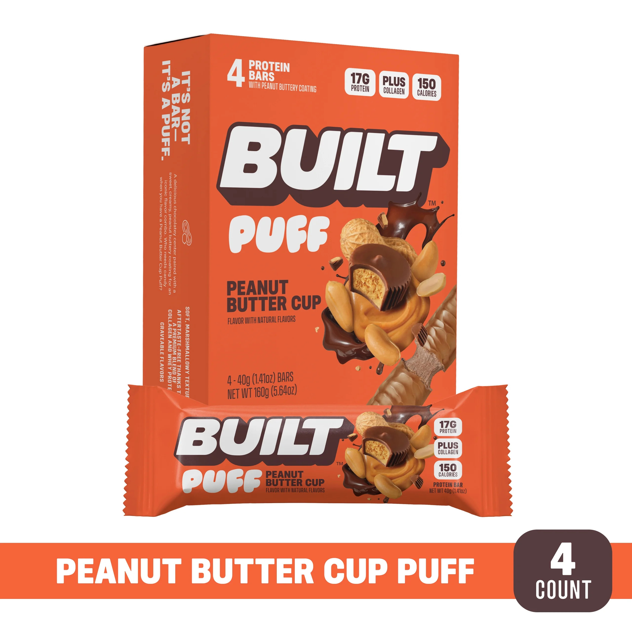 Built Puff Snack Bar, Peanut Butter Cup, 15g Protein, Collagen, 4 Count Box, 1.55oz | Walmart (US)