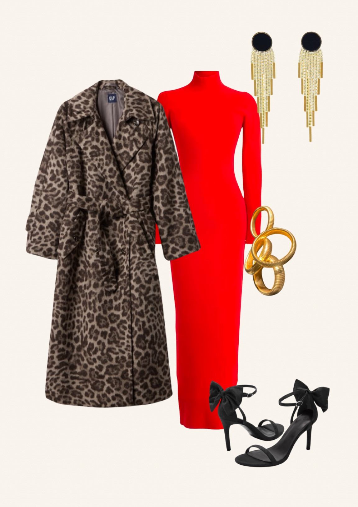Red and leopard are such a killer combination. I love this look for a Valentine’s Day dinner or night at the theatre!
The bow heels add a really whimsical touch, while the gold and black chandelier earrings and gold bracelet stack tie everything together  

#LTKStyleTip #LTKParties #LTKShoeCrush