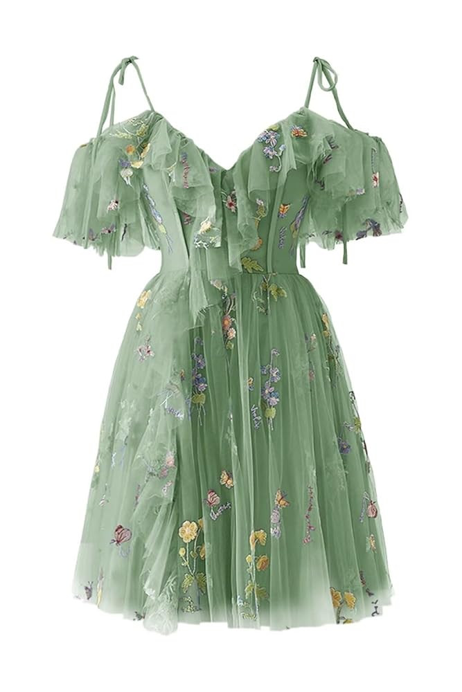 Short Tulle Homecoming Dresses for Teens Flower Embroidery Ruffle Mini Fairy Cocktail Party Gowns | Amazon (US)