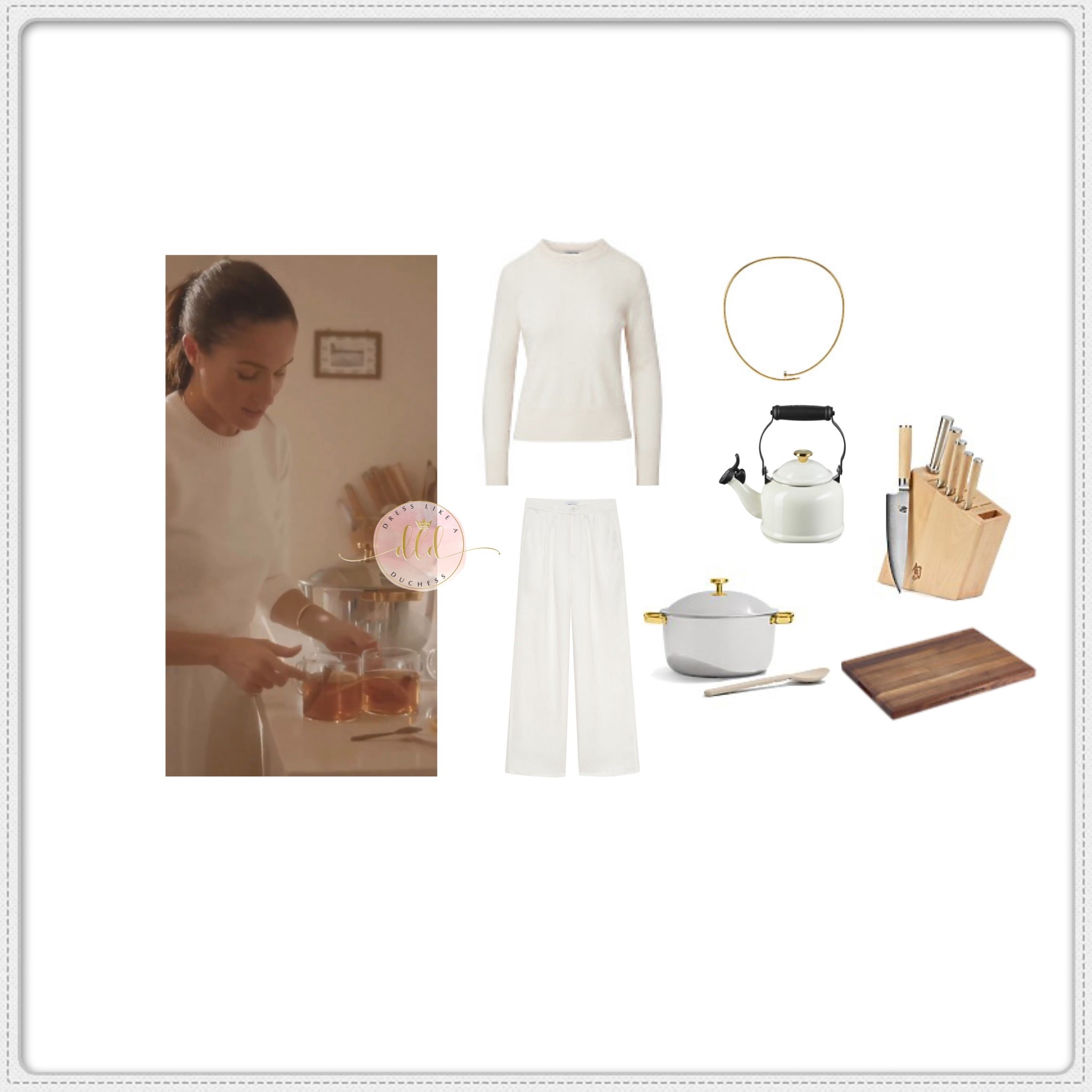11/2/25 Meghan Markle As Ever reel in possibly Anine Bing Carrie trousers and Co Crew sweater in cashmere wheat (not linkable)  + Our place dishware + Williams Sonoma cutting board 
