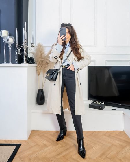 trench coat outfit, trench season, spring outfit idea, spring fashion, daily outfit ideas, spring style, trench look, classic spring outfits, spring denim, blue striped shirt, black straight leg jeans, black ankle boots, ankle booties 

#LTKworkwear #LTKSeasonal #LTKeurope