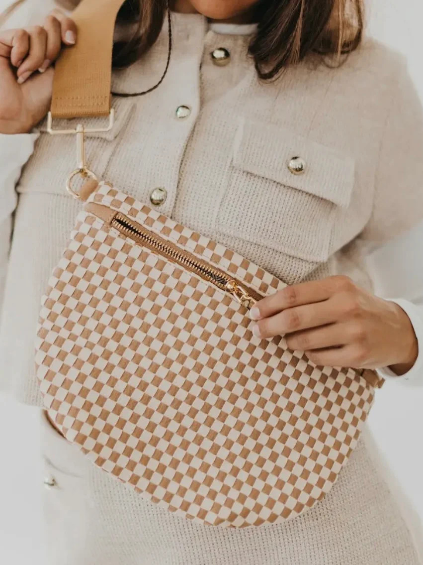 The Westlyn Woven Bum Bag Checkered Tan | Wave Avenue Boutique