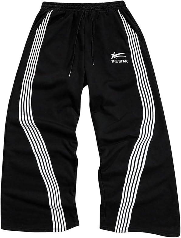 SHENHE Men's Y2k Graphic Baggy Sweatpants Wide Leg Striped Open Bottom Drawstring Sweatpants | Amazon (US)