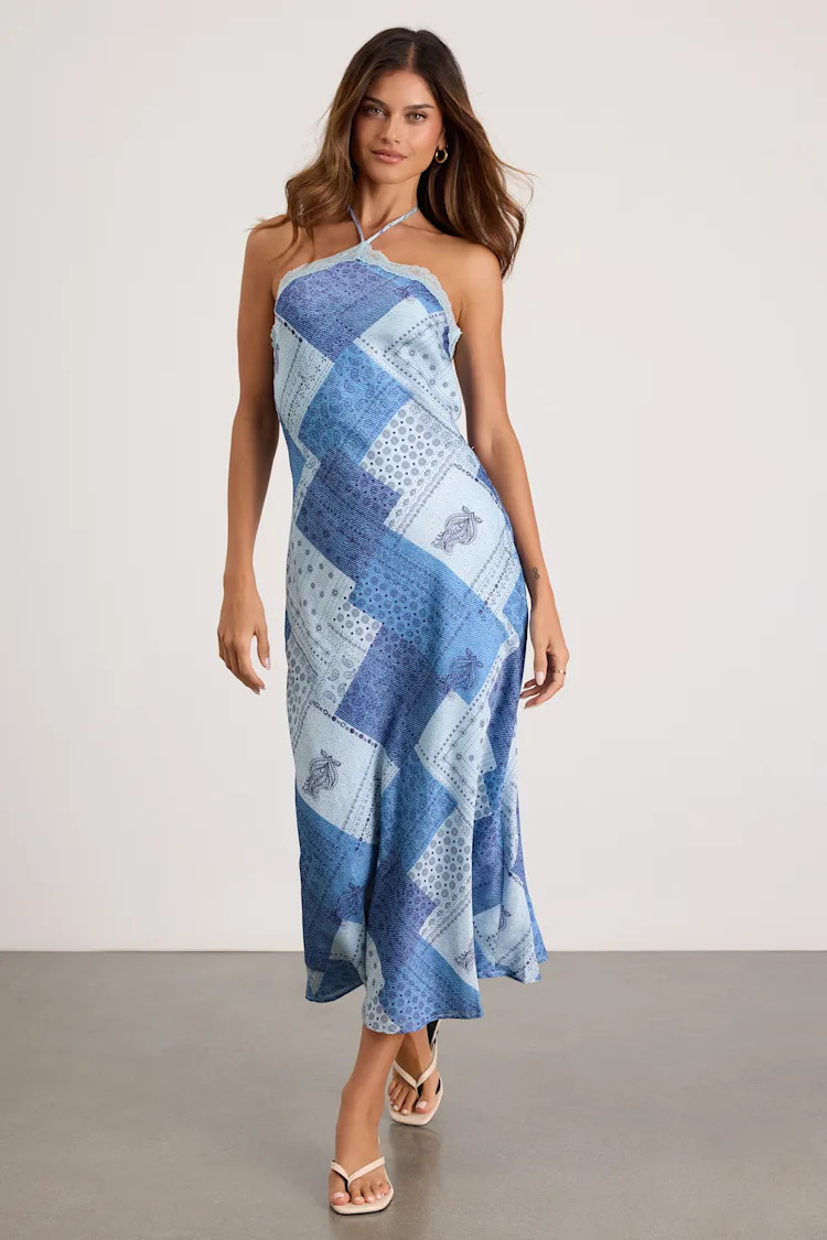 Ellira Blue Patchwork and Paisley Print Halter Maxi Dress | Lulus