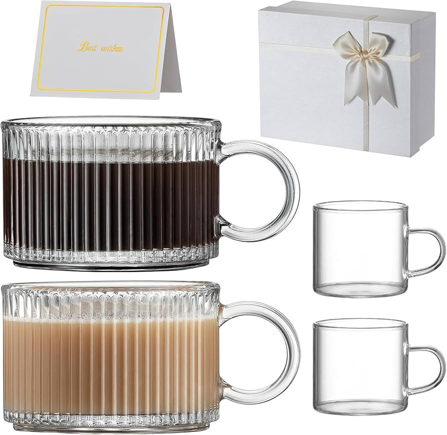 Buaic Glass Coffee Mugs, Vintage Vertical Stripes Coffee Mugs 14 Oz Set of 2, Glass Coffee Cups f... | Amazon (US)