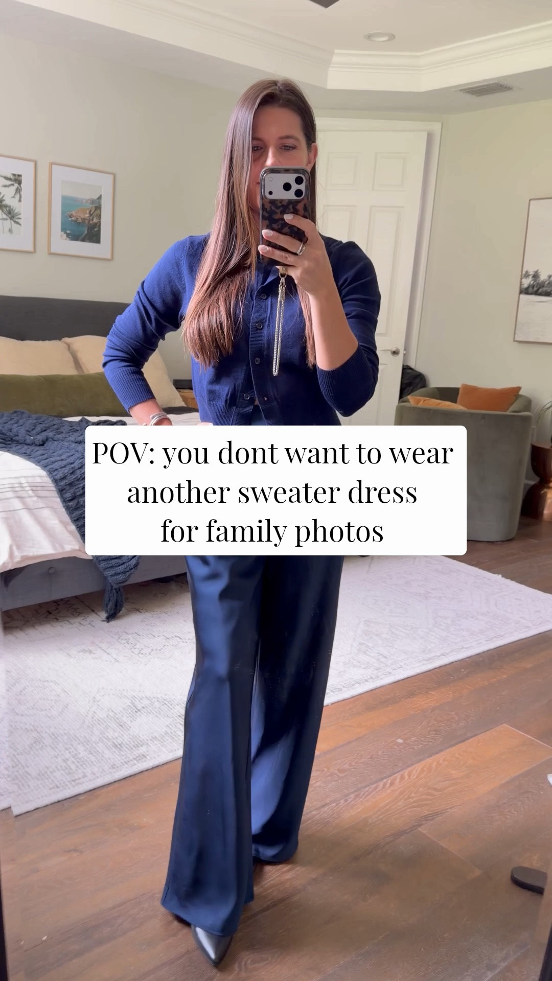 Not a dress person? This navy satin pant set is my pick for family photos, holiday parties, and a dressy date night. It's monochromatic, so figure flattering, it moves beautifully, and the whole look is from Amazon (so worth the price). Wear the pieces again to work, dinner, or Christmas Eve. Save this for your fall family photo outfit list!

navy satin set, matching set outfit, satin pants outfit, family photo outfit without a dress, holiday party outfit, dressy date night outfit, Christmas outfit idea, Amazon fall outfit, monochromatic outfit, fall wardrobe, quince, Abercrombie, nordstrom