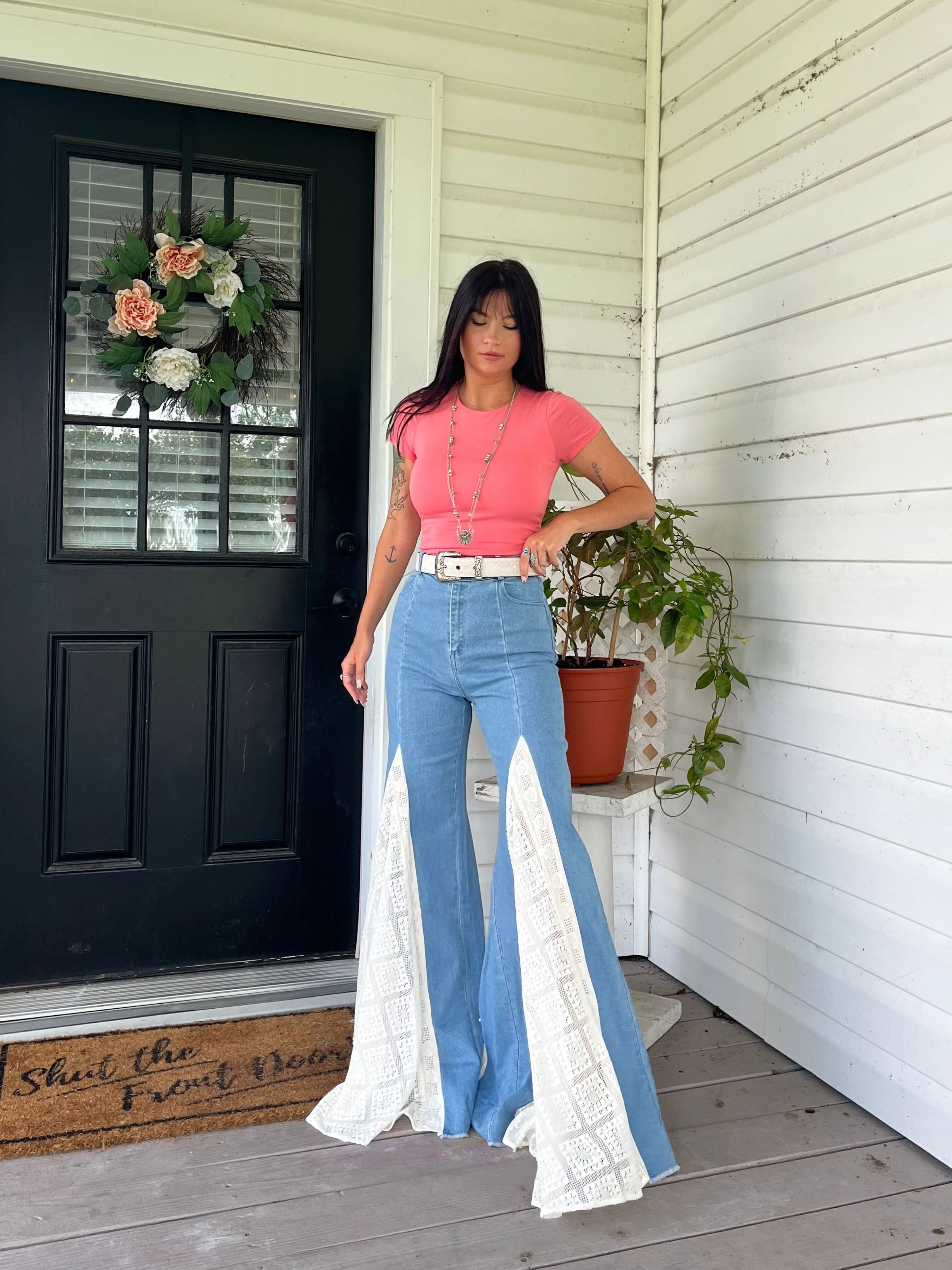 Lace Elegance Wide Leg Jeans | Willow Boutique