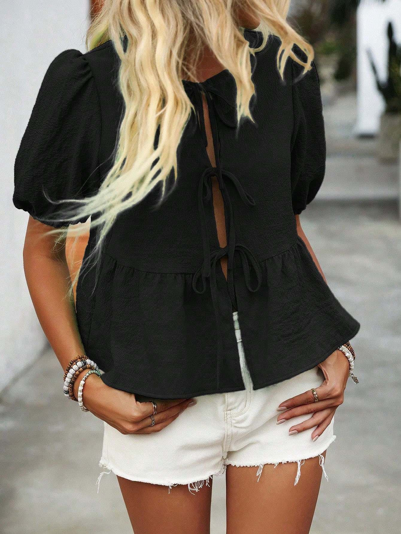 SHEIN Essnce Women's Solid Color Round Neck Ruffle Hem Casual Short-Sleeved Shirt For Summer | SHEIN