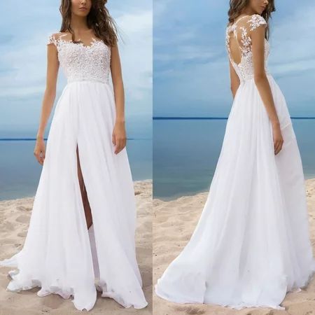 Gyouwnll Maxi Dresses For Women Elegant Wedding Dress Lace V-Neck Short Sleeve Evening Dress Bridal  | Walmart (US)