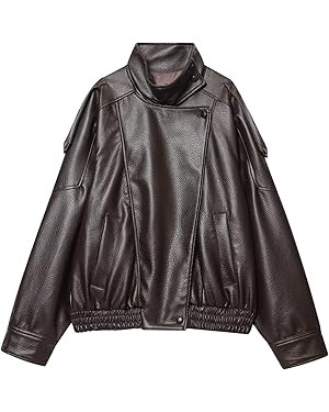 FindThy Women’s Oversized Faux Leather Jacket Casual High Collar Long Sleeve Zip Up Fall Fashio... | Amazon (US)