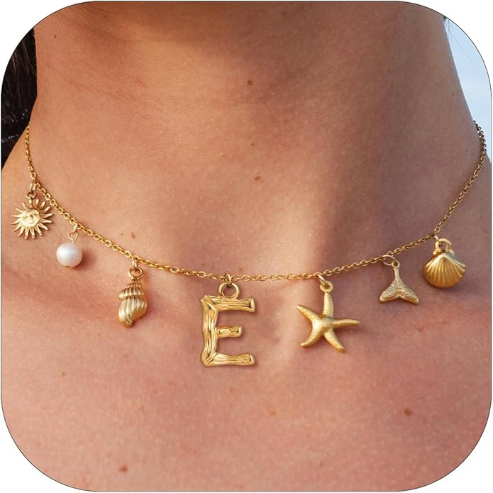 SLOONG Initial Charm Necklace for Women, Beach Pendant 14K Gold Plated Letter Neckalces Freshwate... | Amazon (US)