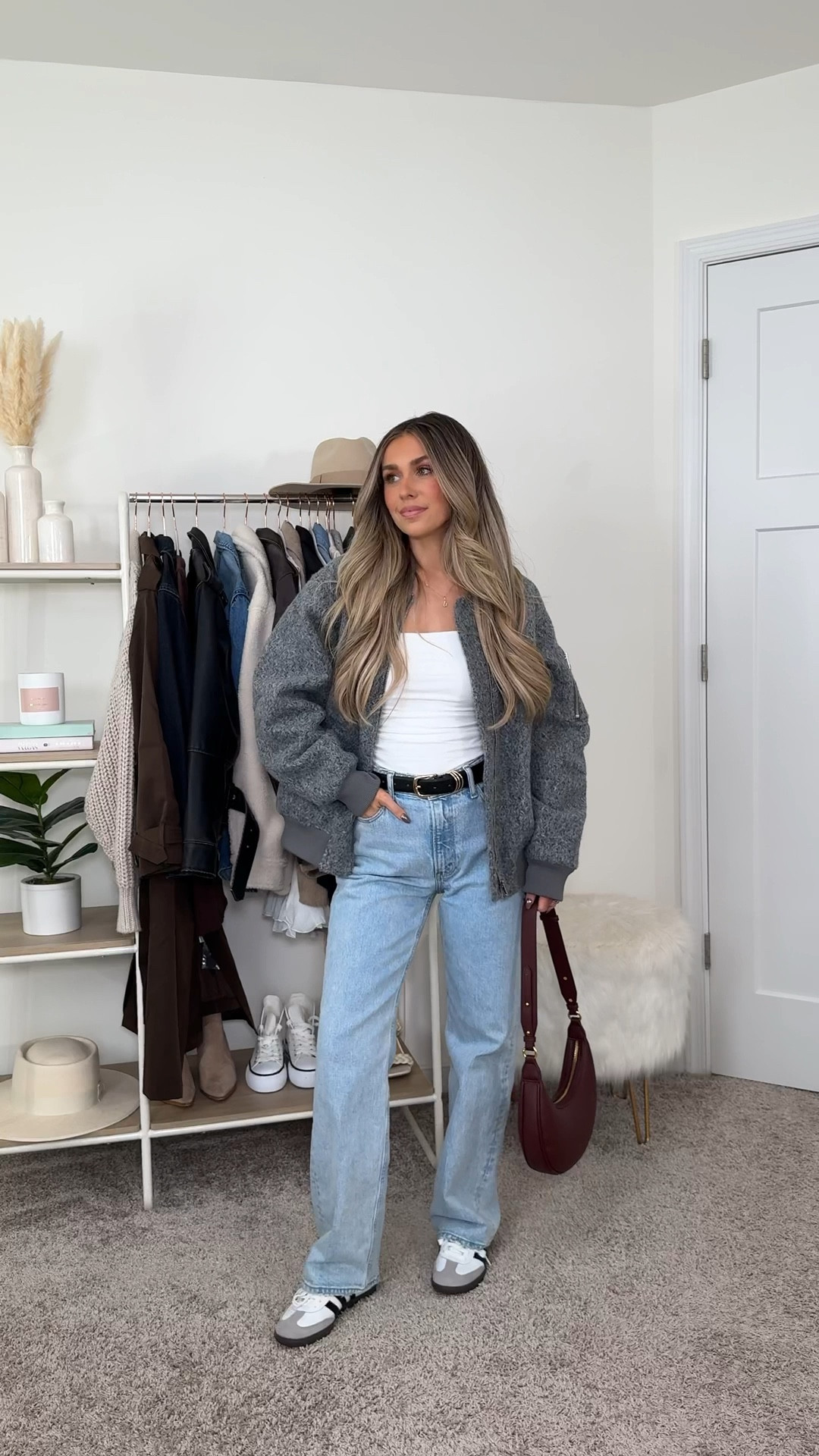 Casual fall outfit for every day 
+ grey bomber jacket: xs | also linking similar options 
+ top: xs 
+ belt: xs/s
+ 90s relaxed jeans: 24 short 
+ adidas samba: size down 

Fall outfit 
Casual outfit 
Elevated casual 
Weekend outfit
Weekday outfit 
Sneakers outfit

#LTKStyleTip #LTKFindsUnder50 #LTKFindsUnder100