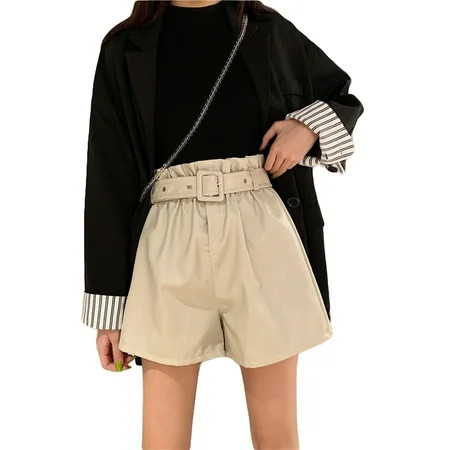 Diconna Women s Pu Leather Shorts Casual Solid Elastic Band Ruched High Waist Wide Leg Cargo Shorts  | Walmart (US)