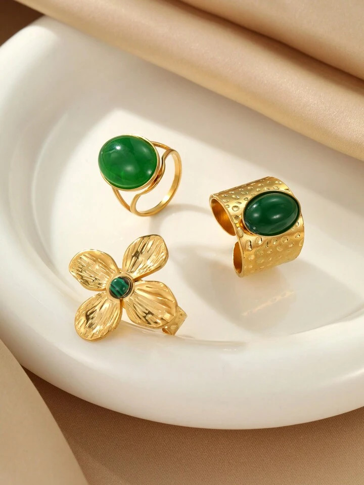3pcs Stainless Steel Green Flower Gem Ring Set, Retro Golden Color, Suitable For Women's Daily Wear Or Gifting | SHEIN