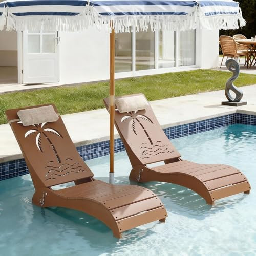 ZZWHOM in Pool Lounge Chairs Set of 2, HDPE Pool Chaise Loungers for Sun Shelf up to 9 Inches, Fade-Resistant, 3-Position Adjustable Backrest with Headrest, Ergonomic Poolside Lounger, Teak | Amazon (US)