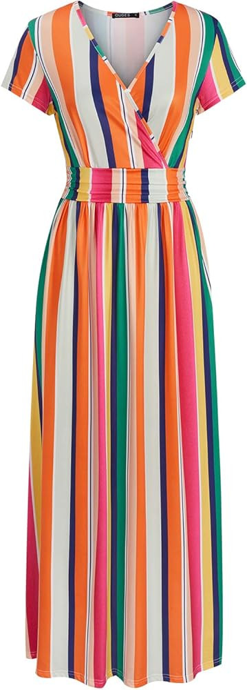 OUGES Women's V-Neck Pattern Pocket Maxi Long Dress | Amazon (US)