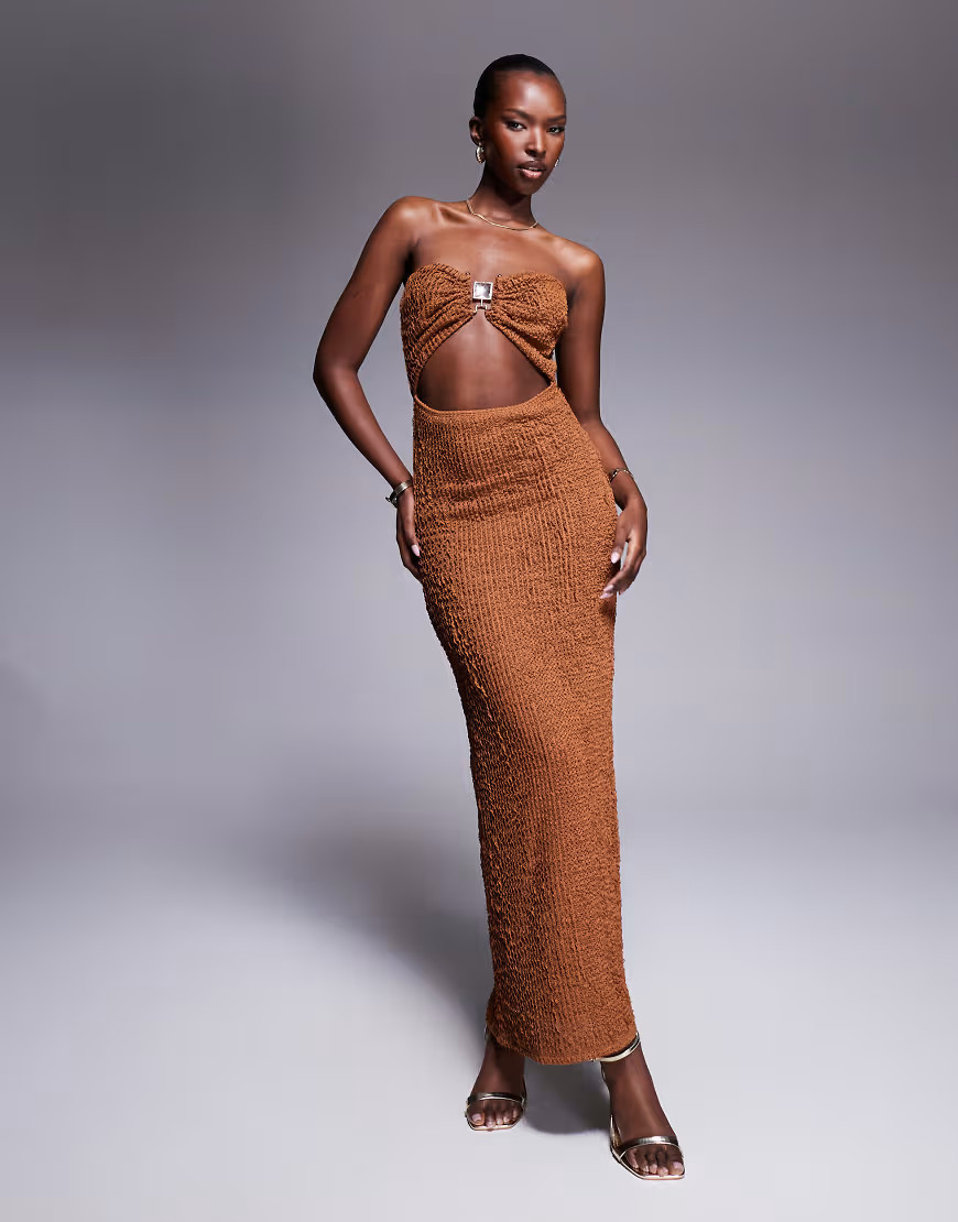 ASOS DESIGN ruffle crochet bandeau maxi dress in brown-Pink | ASOS (Global)