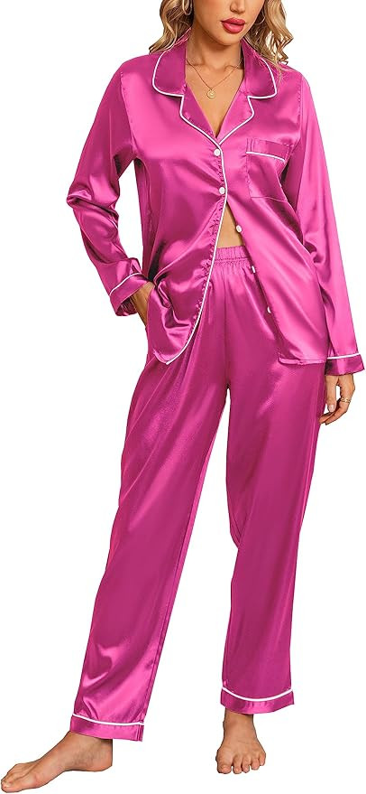 Anjue Silk Satin Pajamas Set Women's Long Sleeve Sleepwear Soft Pjs Set Two Piece Button Down Pj ... | Amazon (US)