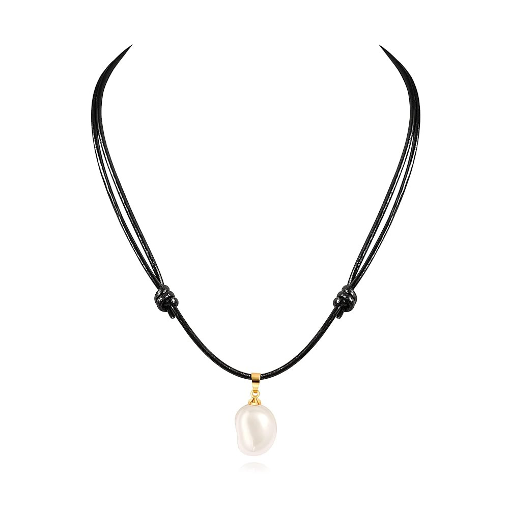 One Single Freshwater Cultured Pearl Choker Necklace on Genuine Leather Cord Adjustable Necklace ... | Amazon (US)