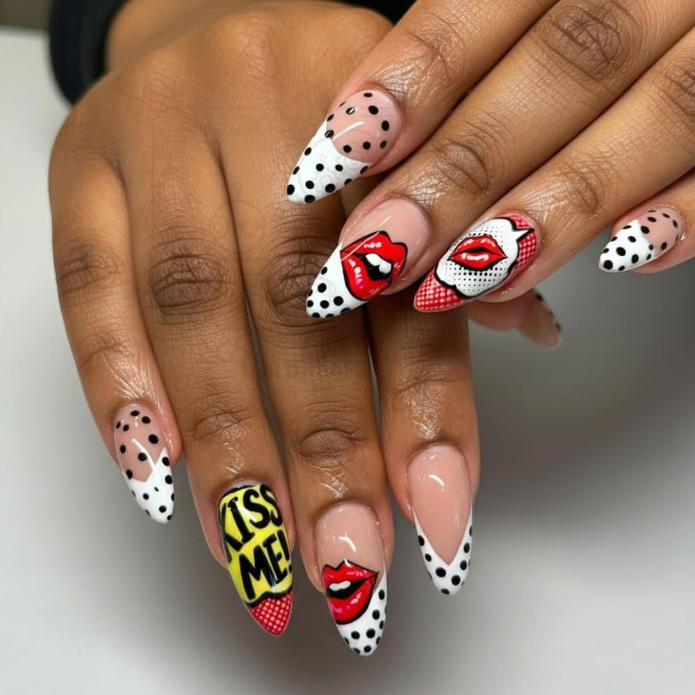 Almond Press on Nails Long White Fake Nail Red Lips Acrylic Nail Press ons Polka Dot Stick on Nai... | Amazon (US)