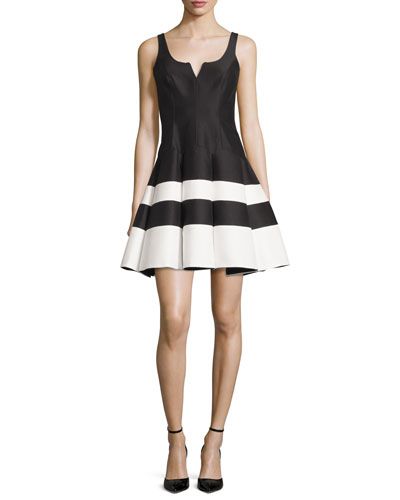 Sleeveless Striped Mikado Fit-and-Flare Dress, Black/White | Neiman Marcus