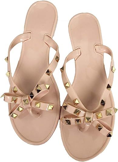 Mtzyoa Women Stud Bow Flip-Flops Sandals Beach Flat Rivets Rain Jelly Shoes | Amazon (US)