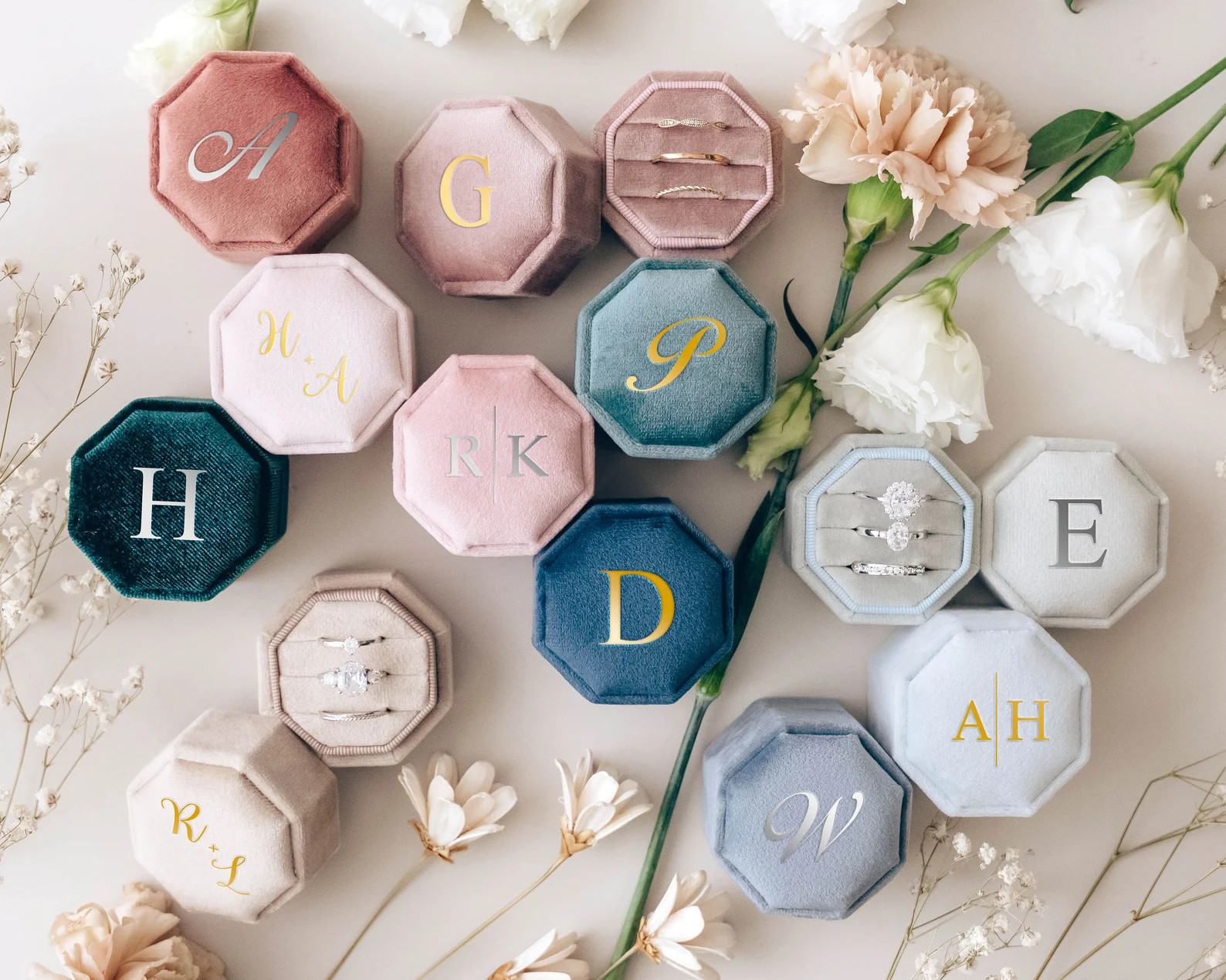 Triple Slot Wedding Ring Box Engagement Velvet Ring Box Monogram Ring Box Proposal Ring Bearer Pe... | Etsy (US)