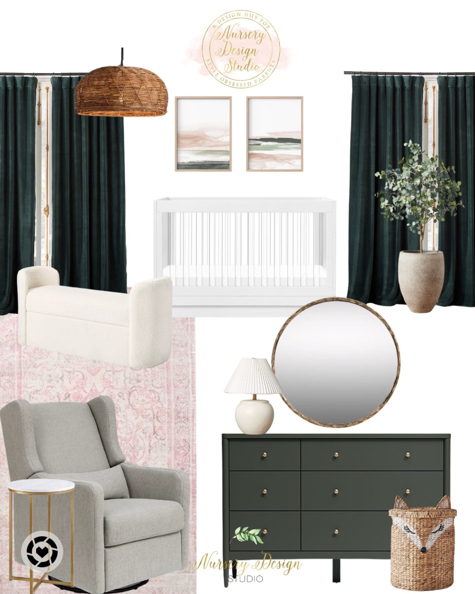 Modern pink and green baby room inspiration, green curtains, pink rug, olive dresser 

#LTKbaby #LTKhome #LTKsalealert