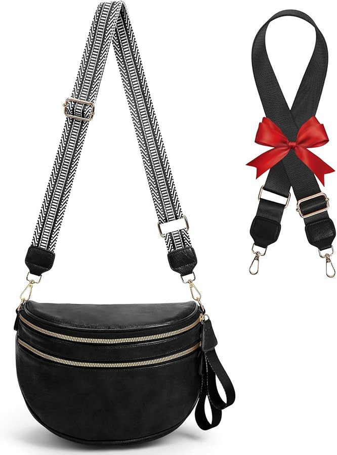 Leather Crossbody Fanny Pack Trendy Bum Bag Double Zip Multi Compartment with 2 Adjustable Straps... | Amazon (US)