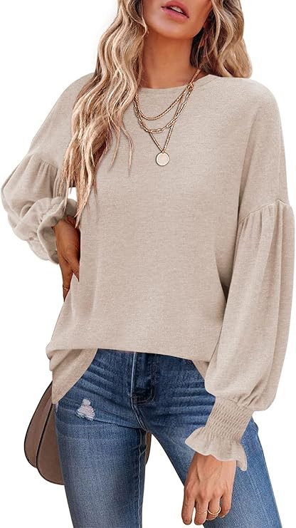 MIHOLL Womens Long Sleeve Top Crew Neck Ruffle Lantern Sleeve Casual Loose Blouse T Shirts | Amazon (US)
