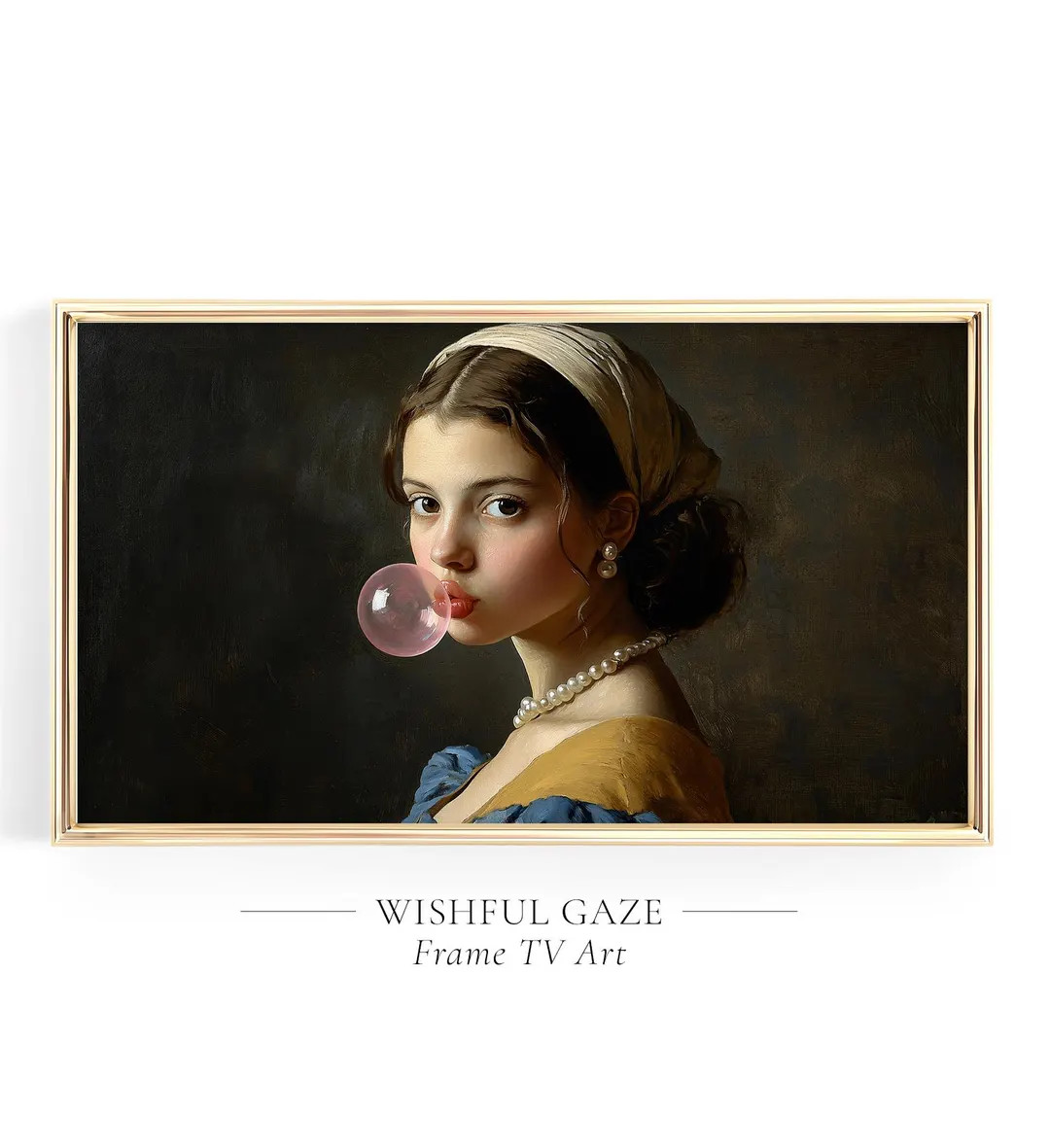 Bubblegum Frame Tv Art Dark, Trendy Samsung Frame Tv Art, Young Renaissance Girl With Pink Bubble... | Etsy (US)
