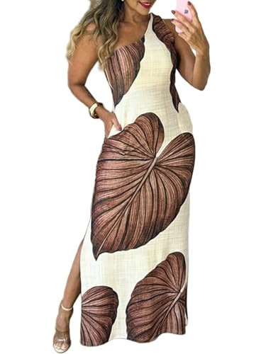 CHICME Women's Summer Maxi Dress Casual One Shoulder Sleeveless Boho Sundress Split Travel Vacation Dresses with Pockets Dark Brown-XL | Amazon (US)
