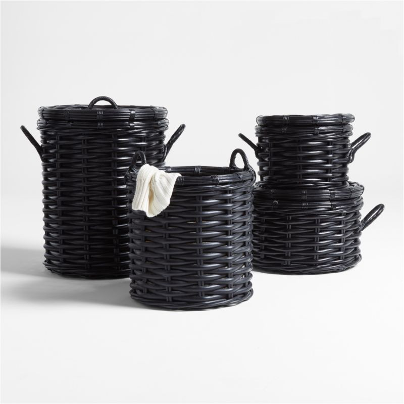 Black Rattan Woven Round Baskets | Crate & Barrel | Crate & Barrel