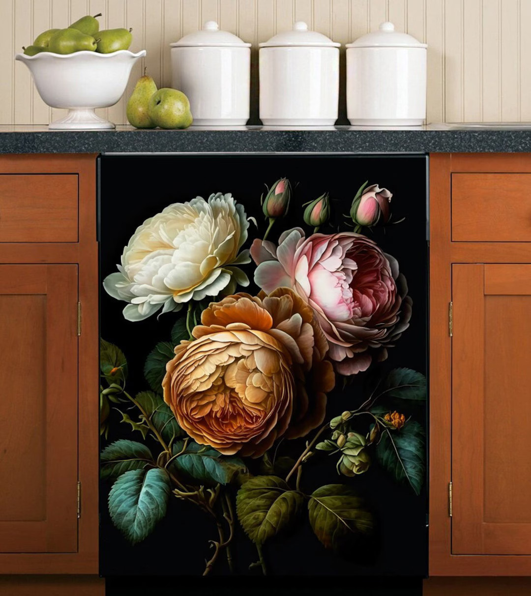 Floral Dishwasher Magnet Cover Vintage, Dark Flower Kitchen Dishwasher Cover Vinyl Magnetic Decal... | Etsy (US)