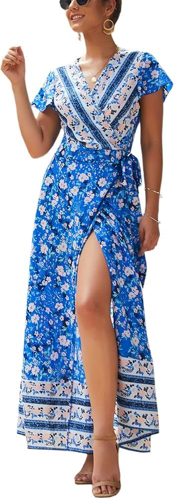 ECOWISH Womens Dresses Bohemian Wrap V Neck Short Sleeve Ethnic Style High Split Beach Maxi Dress | Amazon (US)