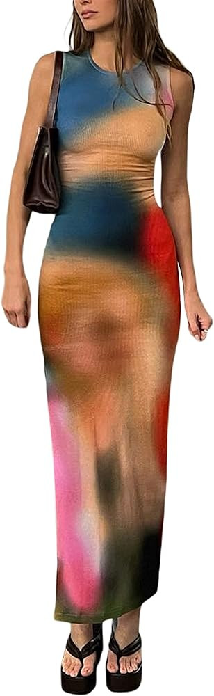 Women Y2k Tie Dye Tank Dress Sleeveless Bodycon Long Dresses Printed Slim Fit Short Dress Trendy ... | Amazon (US)