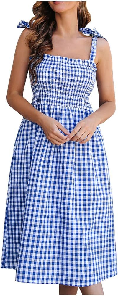 Tie Shoulder Midi Dress for Women Square Neck Plaid Knee Length Sun Dresses Womens Ruffle Trim A ... | Amazon (US)