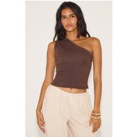 Chocolate Brown Asymmetric Shoulder Denim Top | PrettyLittleThing US