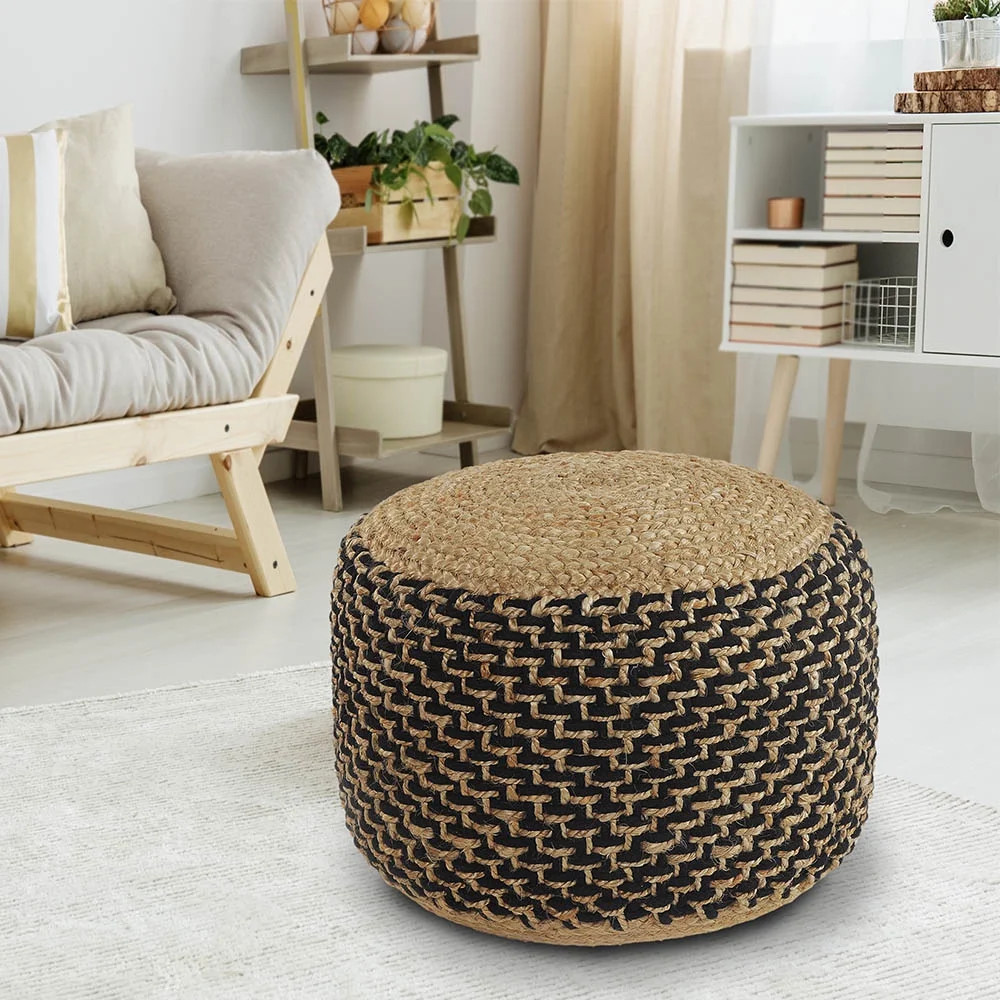 LR Home Natural Jute Black 18" x 18" x 12" Rustic Pouf - Walmart.com | Walmart (US)