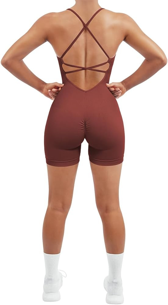SUUKSESS Women Strappy Romper Seamless Jumpsuit Tummy Control Padded Sports Bra | Amazon (US)