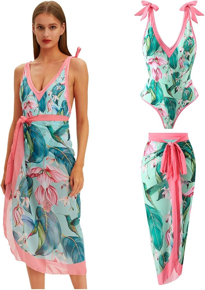 One Piece Swimsuit with Cover Up Set Sarong Swimsuits for Women Swimsuit with Cover Up Set Two Pi... | Amazon (US)