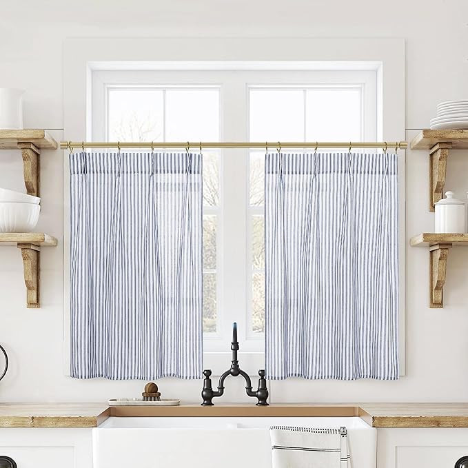 Laundry Room Curtains for Windows,Small Striped Pattern Navy Blue Print Design Linen Short Sheer ... | Amazon (US)