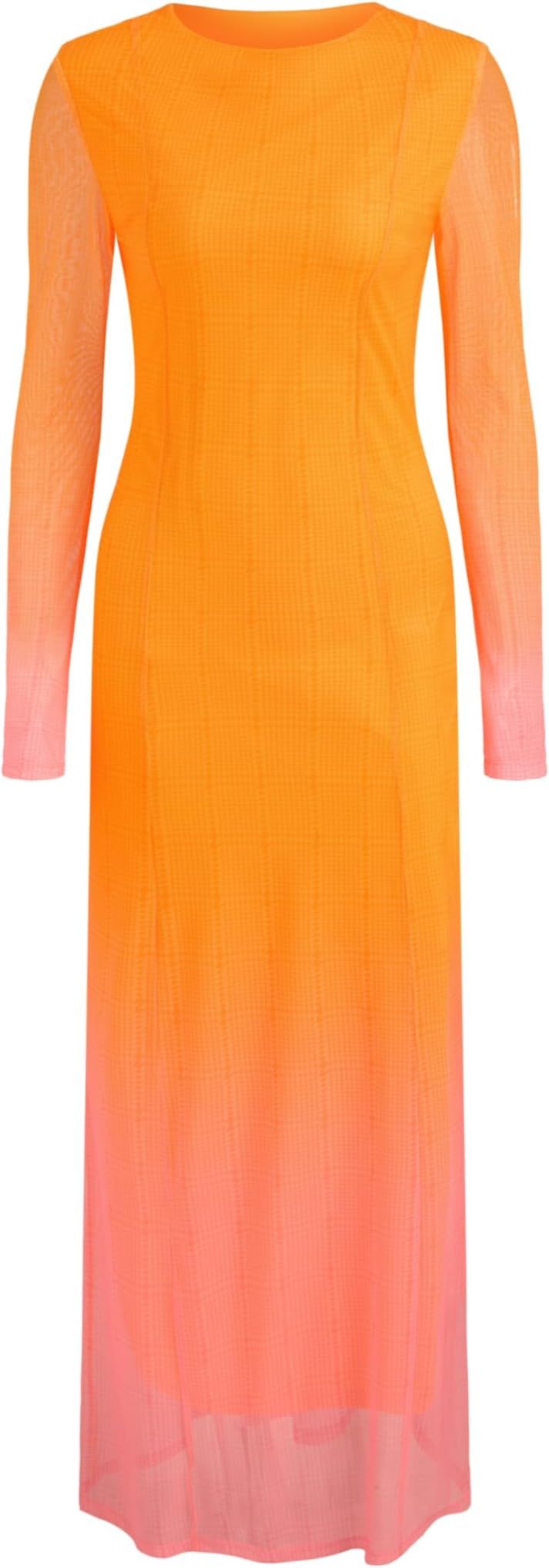 CIDER Miami Sunset Vacation Mesh Round Neck Gradient Maxi Dress | Amazon (US)