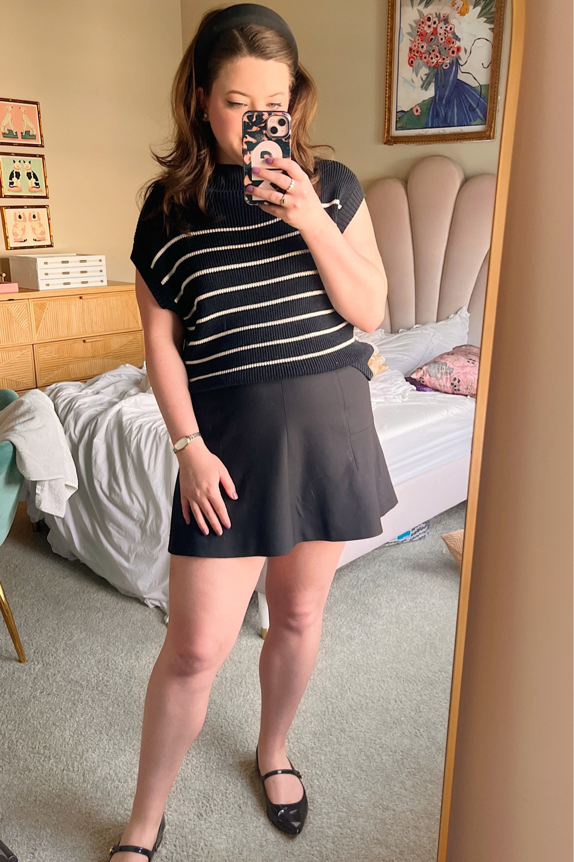 Black striped sweater top, black flare skirt, black pointed patent leather Mary janes flats