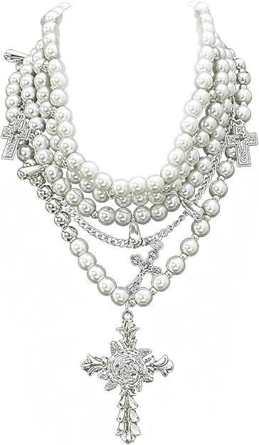 Layered Pearl Necklace Gothic Cross Pearl Stacked Necklace for Women | Amazon (US)