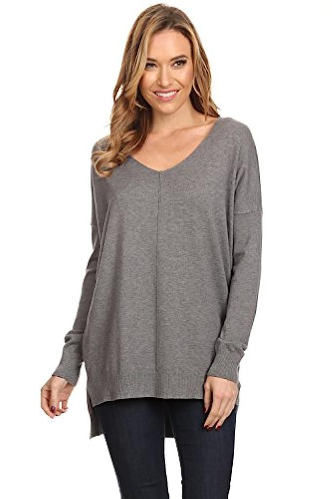 Womens Oversized V-Neck Pullover Sweater Top W/Slight Hi-Low | Amazon (US)
